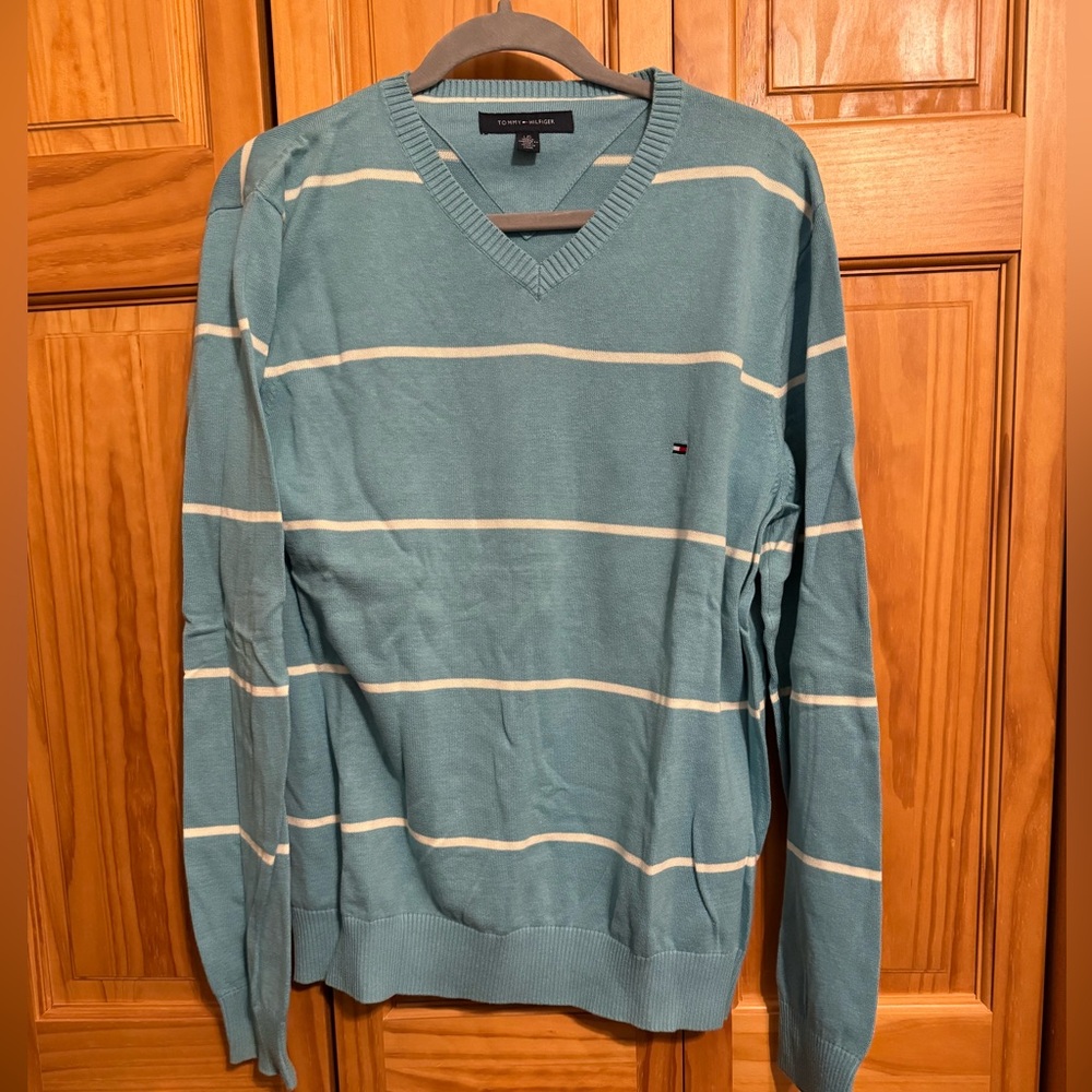 Tommy Hilfiger Teal Striped V-Neck Sweater